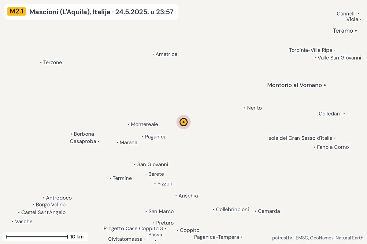 Karta: okolica epicentra, 60 km, potres M2,1, Mascioni (L'Aquila), Italija, 24.5.2025.