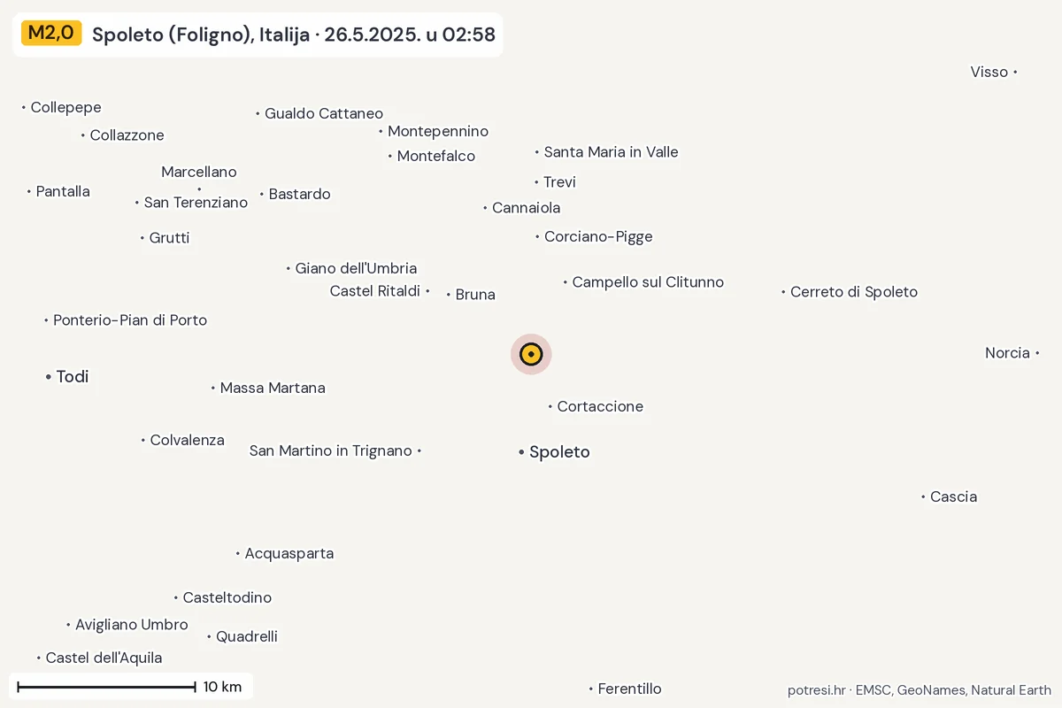 Karta: okolica epicentra, 60 km, potres M2,0, Spoleto (Foligno), Italija, 26.5.2025.