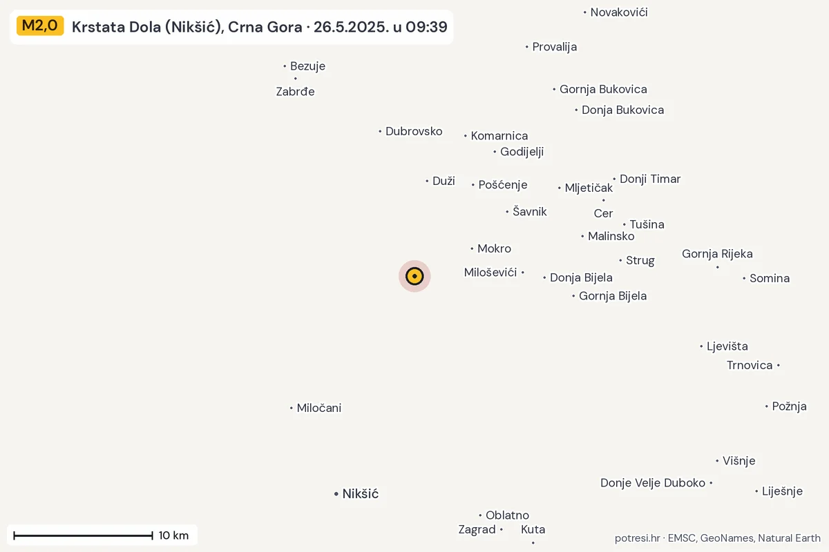 Karta: okolica epicentra, 60 km, potres M2,0, Krstata Dola (Nikšić), Crna Gora, 26.5.2025.