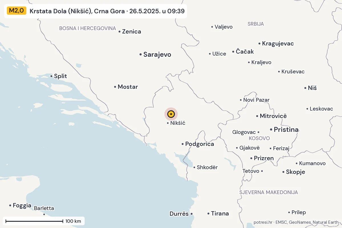 Karta: šire područje, 600 km, potres M2,0, Krstata Dola (Nikšić), Crna Gora, 26.5.2025.