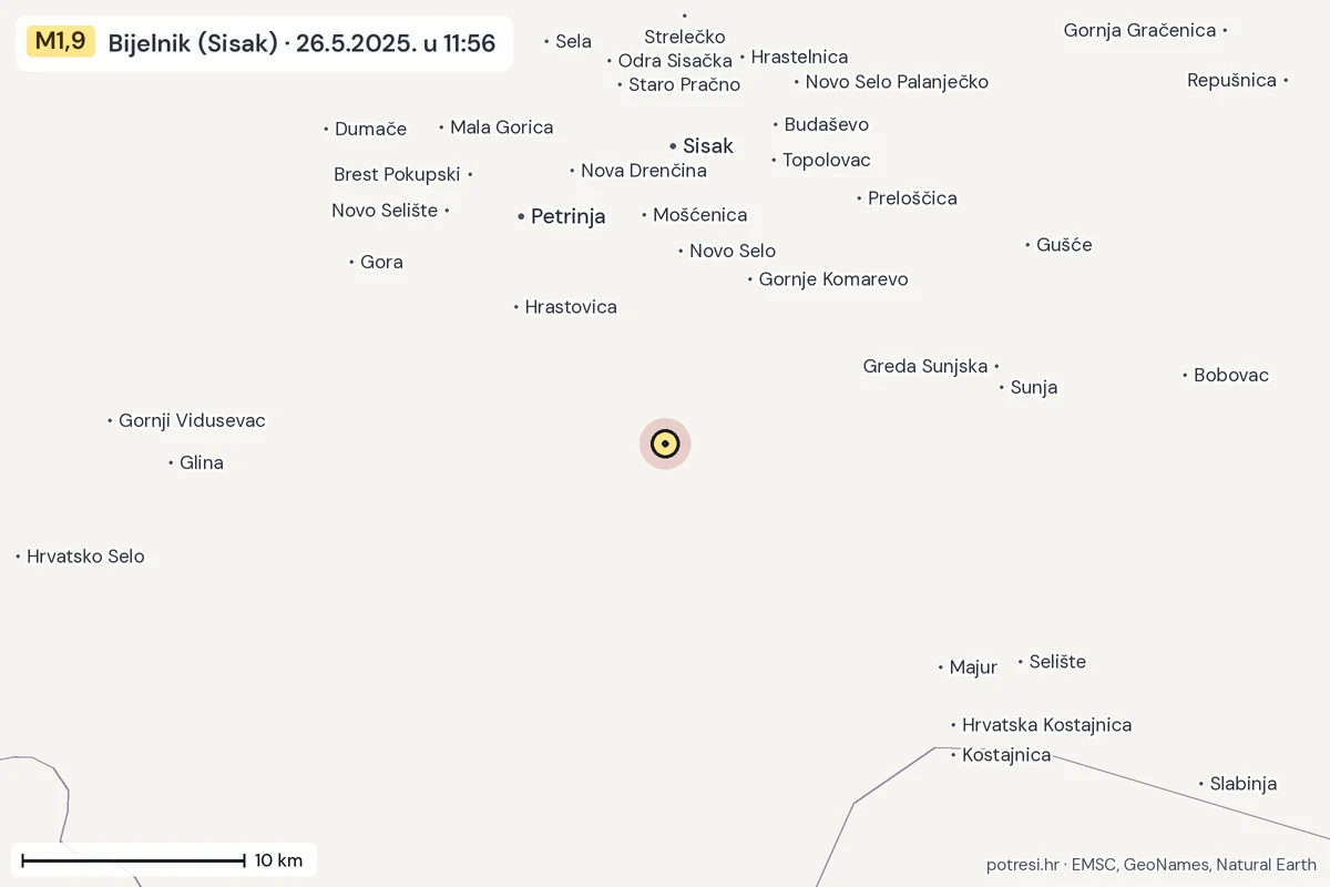Karta: okolica epicentra, 60 km, potres M1,9, Bijelnik (Sisak), 26.5.2025.