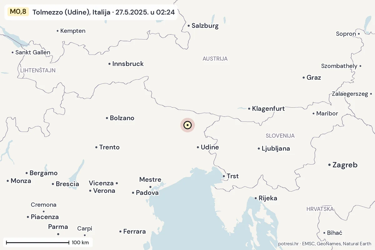 Karta: šire područje, 600 km, potres M0,8, Tolmezzo (Udine), Italija, 27.5.2025.