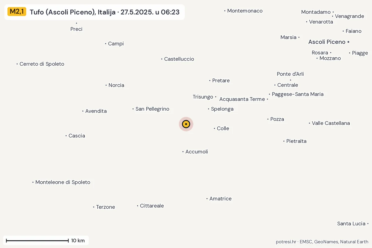 Karta: okolica epicentra, 60 km, potres M2,1, Tufo (Ascoli Piceno), Italija, 27.5.2025.