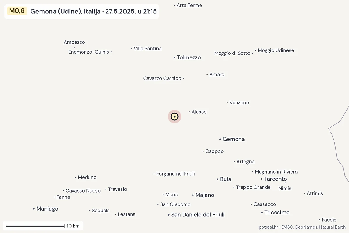 Karta: okolica epicentra, 60 km, potres M0,6, Gemona (Udine), Italija, 27.5.2025.