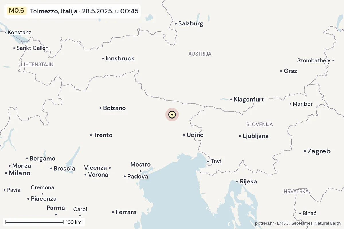 Karta: šire područje, 600 km, potres M0,6, Tolmezzo, Italija, 28.5.2025.