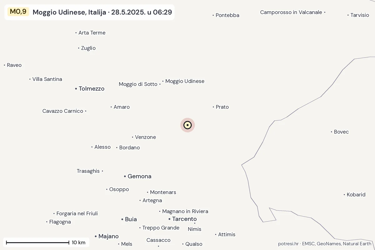 Karta: okolica epicentra, 60 km, potres M0,9, Moggio Udinese, Italija, 28.5.2025.
