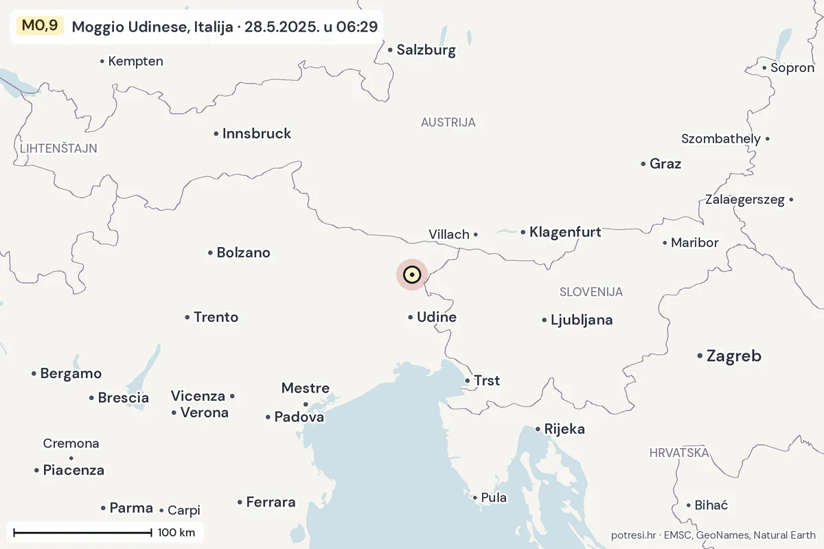 Karta: šire područje, 600 km, potres M0,9, Moggio Udinese, Italija, 28.5.2025.