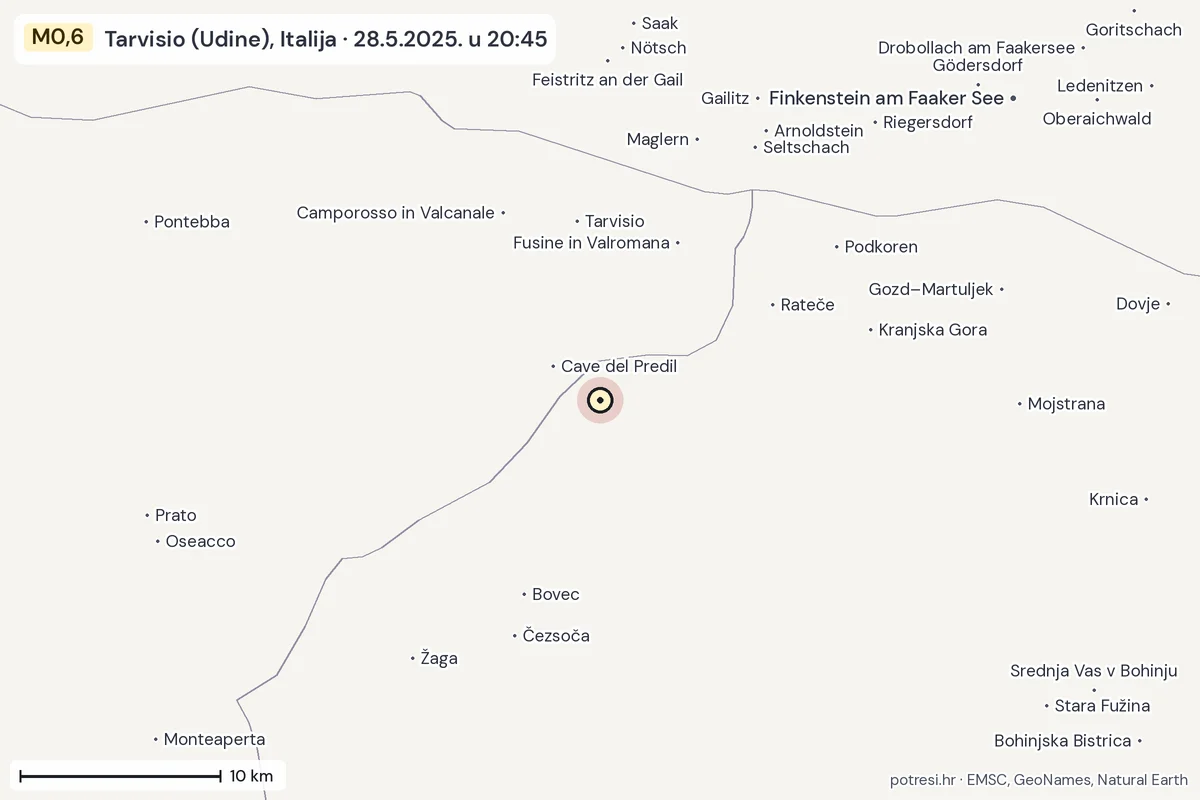 Karta: okolica epicentra, 60 km, potres M0,6, Tarvisio (Udine), Italija, 28.5.2025.