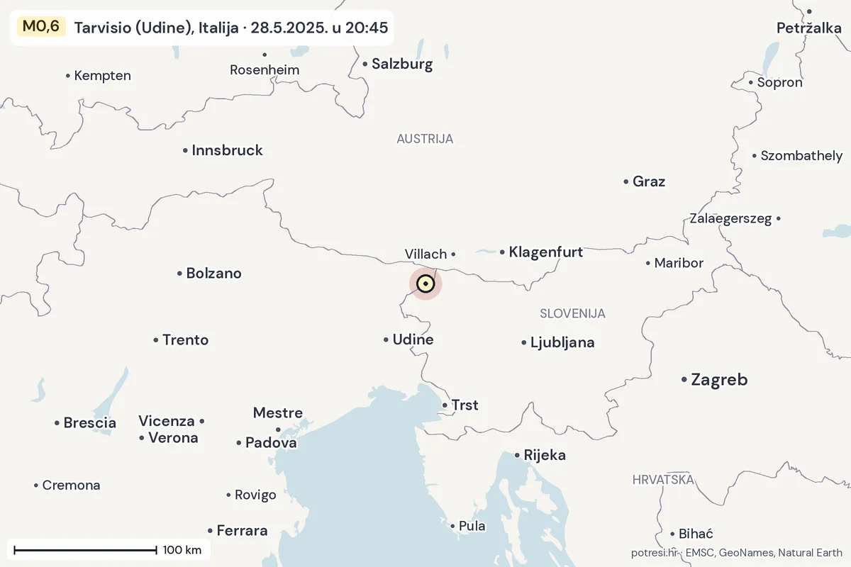 Karta: šire područje, 600 km, potres M0,6, Tarvisio (Udine), Italija, 28.5.2025.
