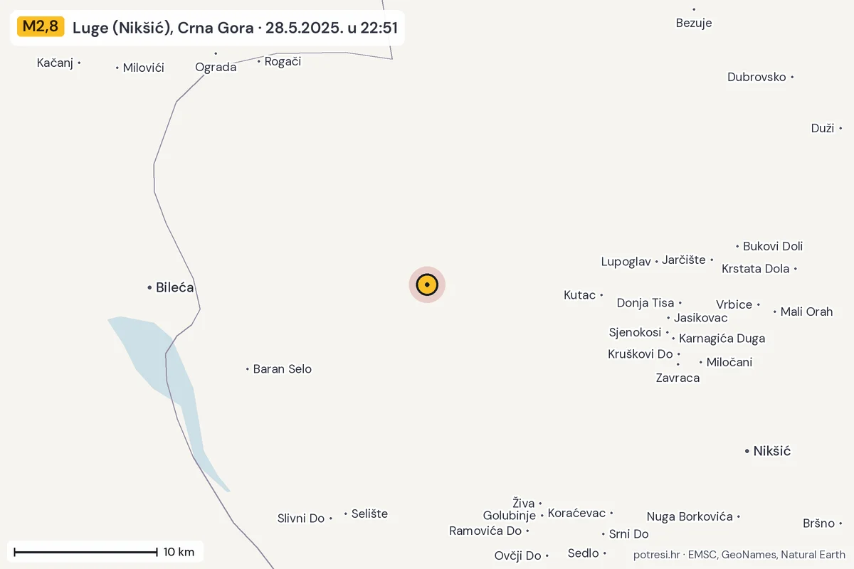 Karta: okolica epicentra, 60 km, potres M2,8, Luge (Nikšić), Crna Gora, 28.5.2025.