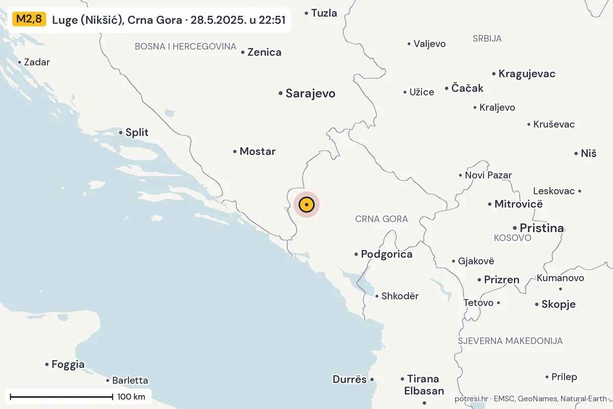 Karta: šire područje, 600 km, potres M2,8, Luge (Nikšić), Crna Gora, 28.5.2025.