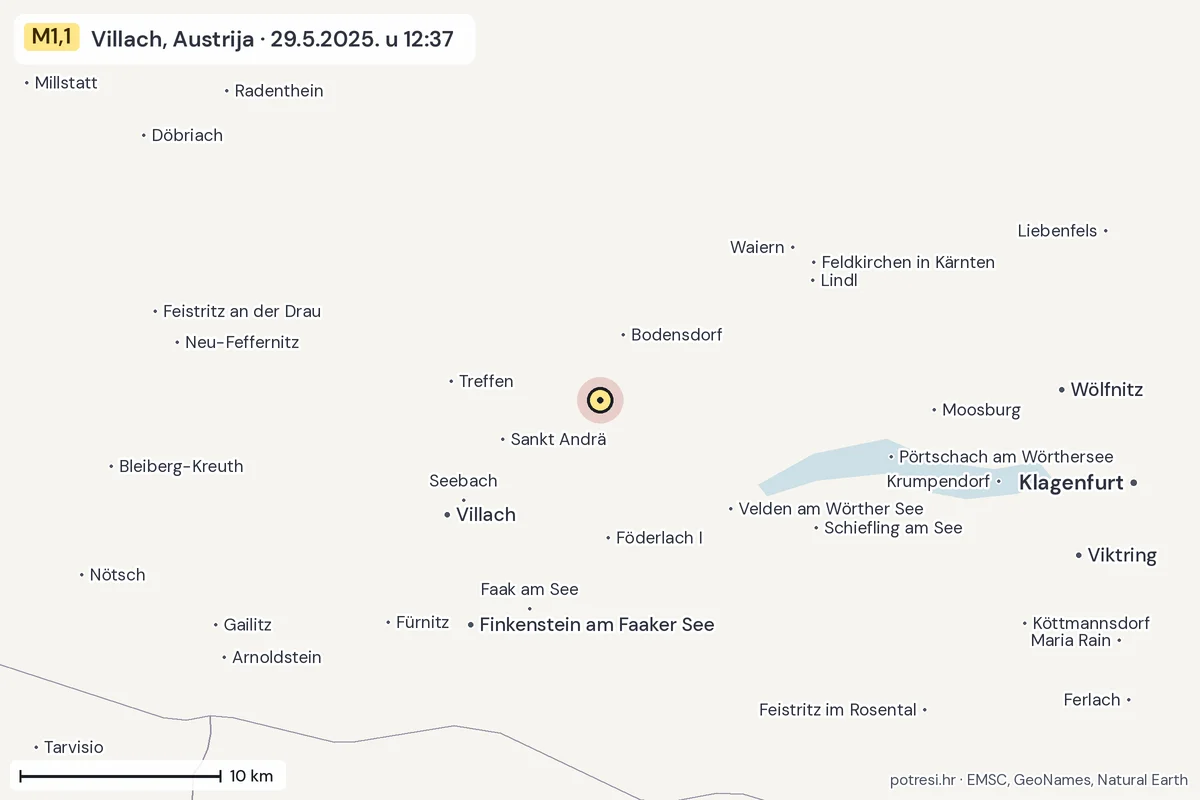 Karta: okolica epicentra, 60 km, potres M1,1, Villach, Austrija, 29.5.2025.
