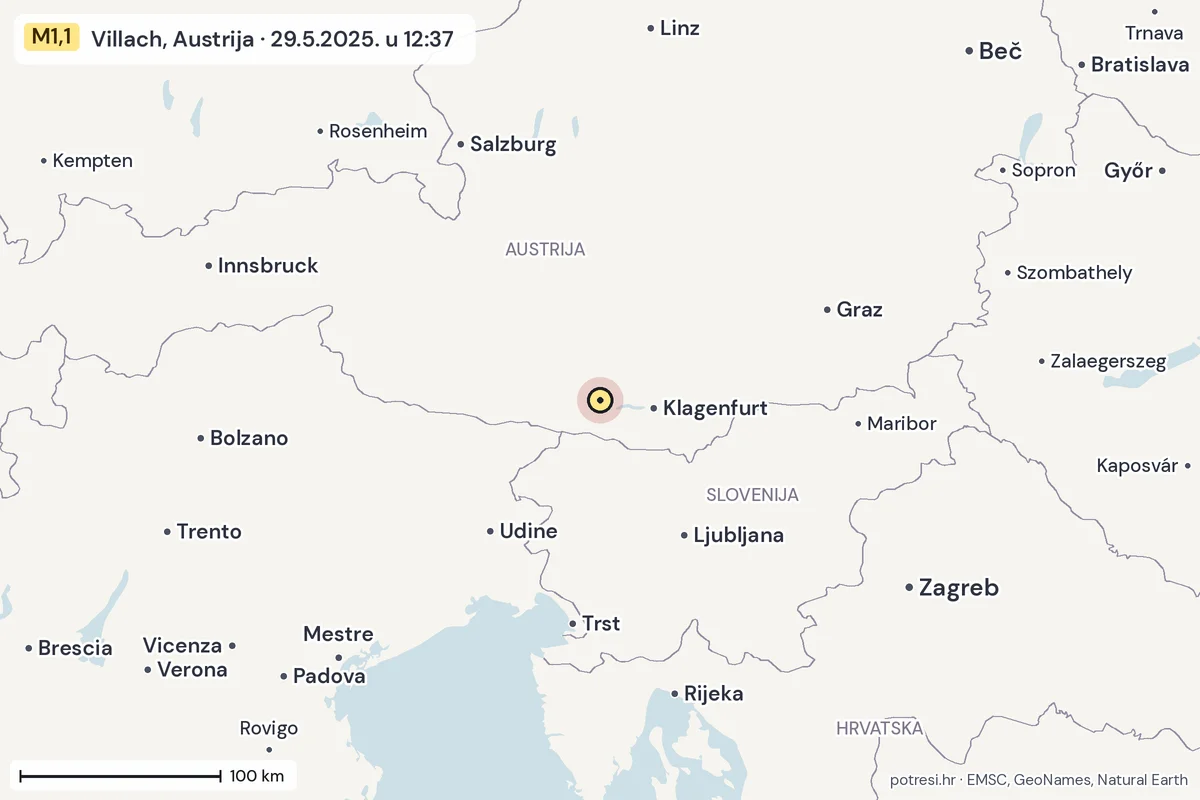 Karta: šire područje, 600 km, potres M1,1, Villach, Austrija, 29.5.2025.