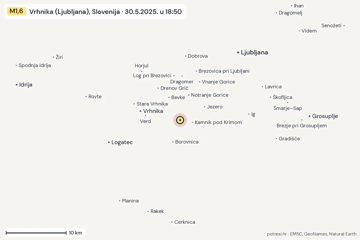 Karta: okolica epicentra, 60 km, potres M1,6, Vrhnika (Ljubljana), Slovenija, 30.5.2025.