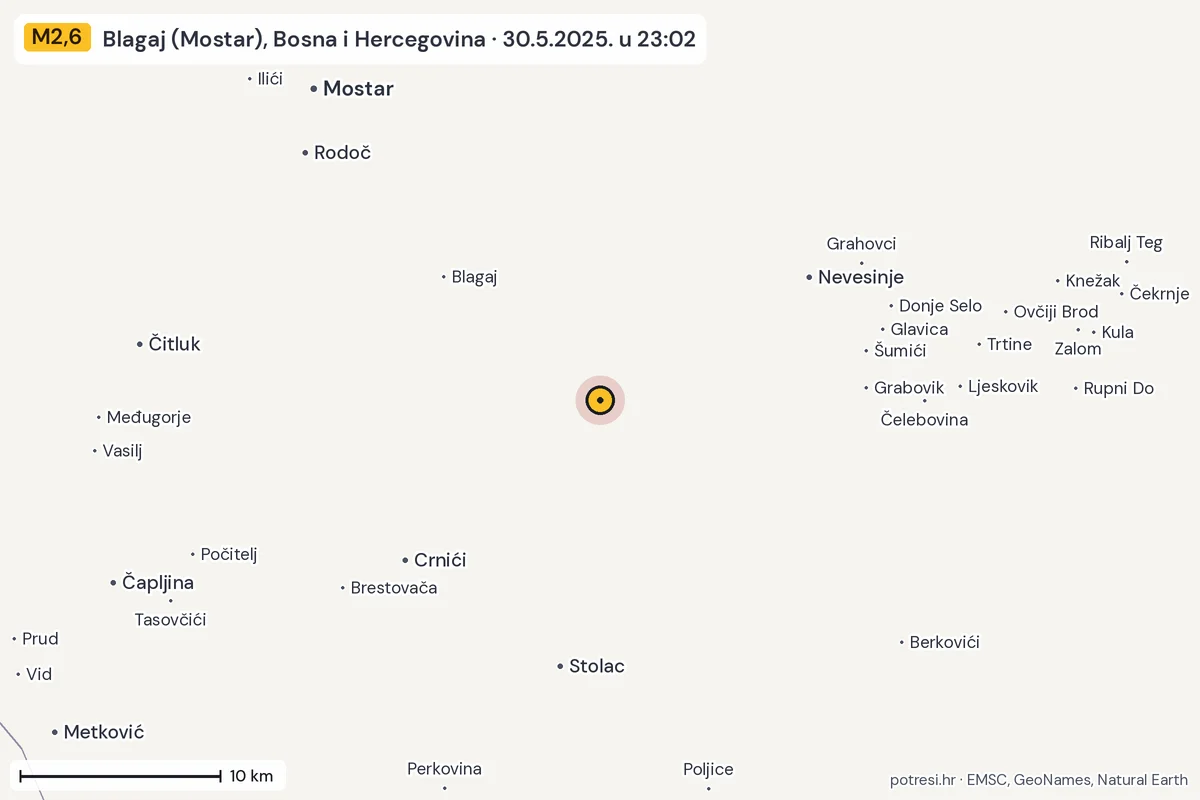 Karta: okolica epicentra, 60 km, potres M2,6, Blagaj (Mostar), Bosna i Hercegovina, 30.5.2025.