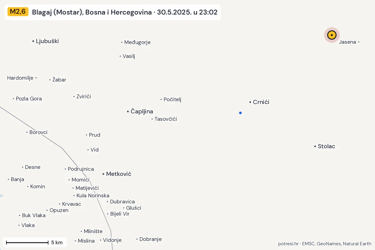 Karta: izvješća građana, potres M2,6, Blagaj (Mostar), Bosna i Hercegovina, 30.5.2025.