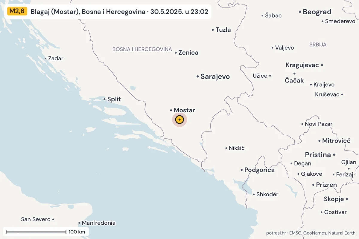 Karta: šire područje, 600 km, potres M2,6, Blagaj (Mostar), Bosna i Hercegovina, 30.5.2025.