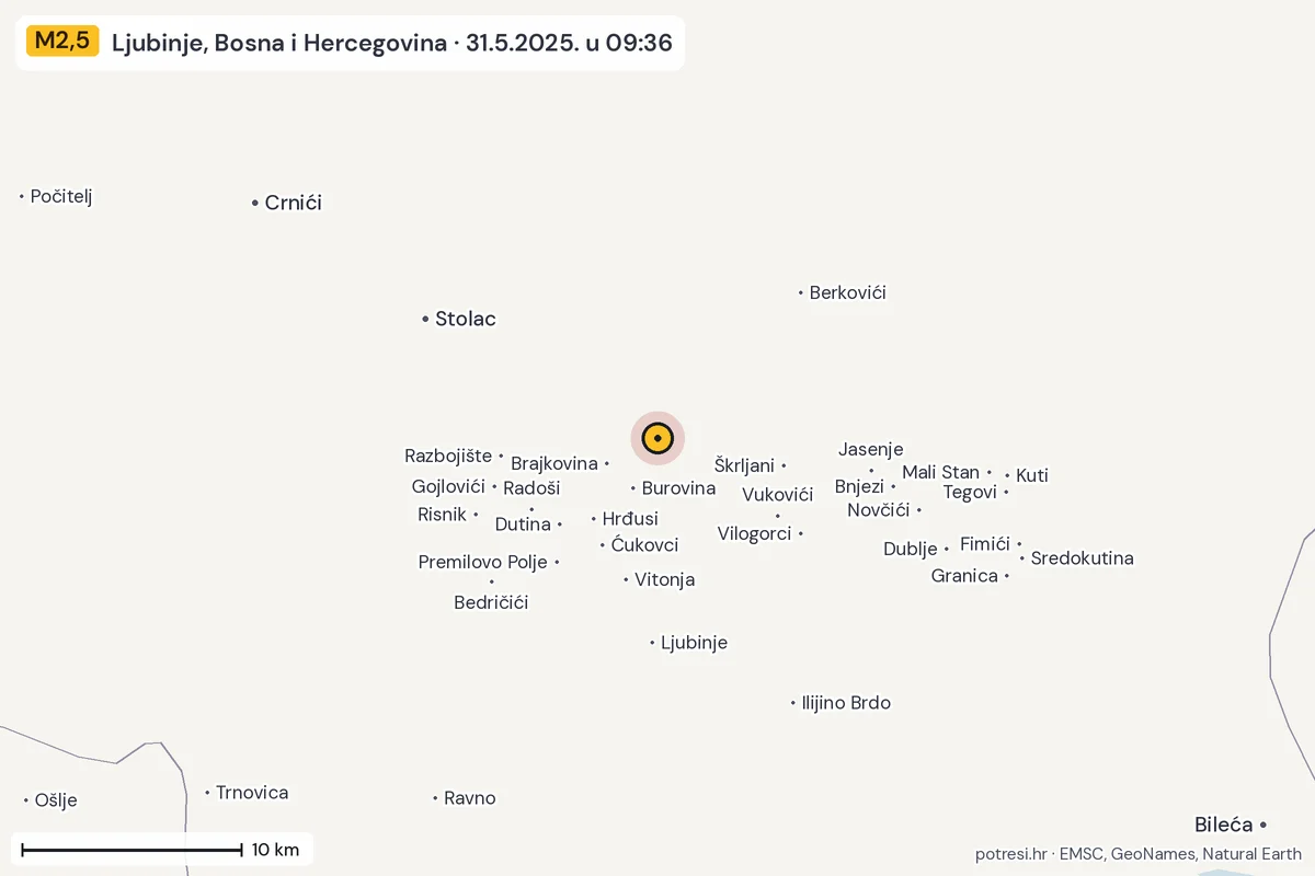Karta: okolica epicentra, 60 km, potres M2,5, Ljubinje, Bosna i Hercegovina, 31.5.2025.