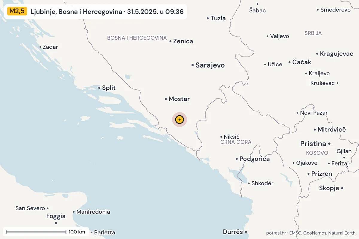 Karta: šire područje, 600 km, potres M2,5, Ljubinje, Bosna i Hercegovina, 31.5.2025.
