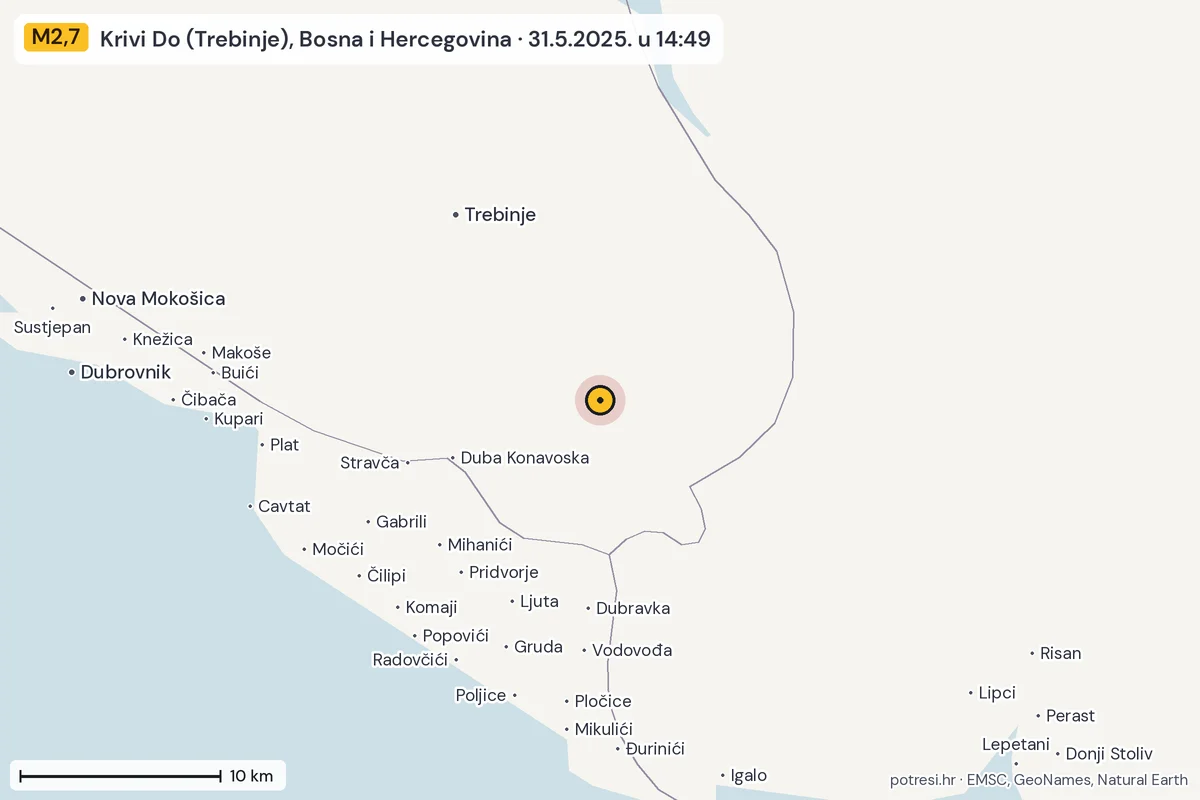 Karta: okolica epicentra, 60 km, potres M2,7, Krivi Do (Trebinje), Bosna i Hercegovina, 31.5.2025.