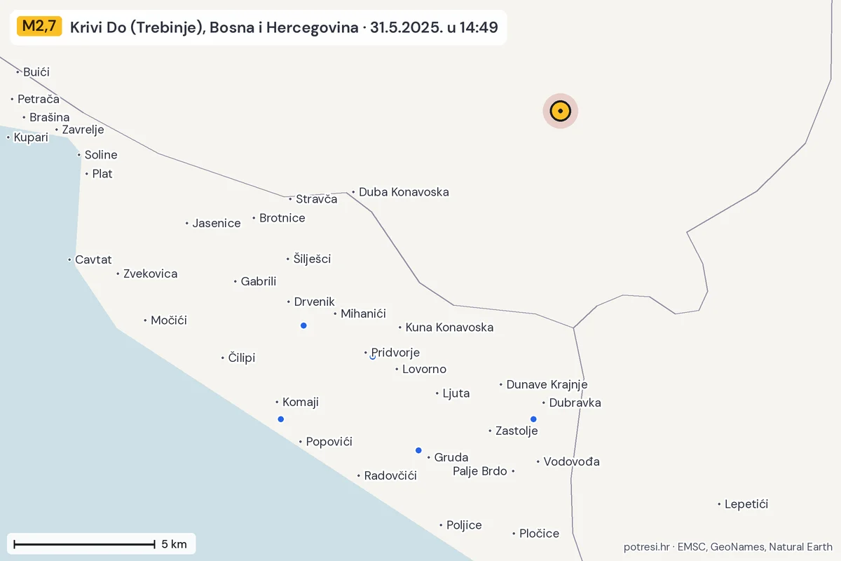 Karta: izvješća građana, potres M2,7, Krivi Do (Trebinje), Bosna i Hercegovina, 31.5.2025.
