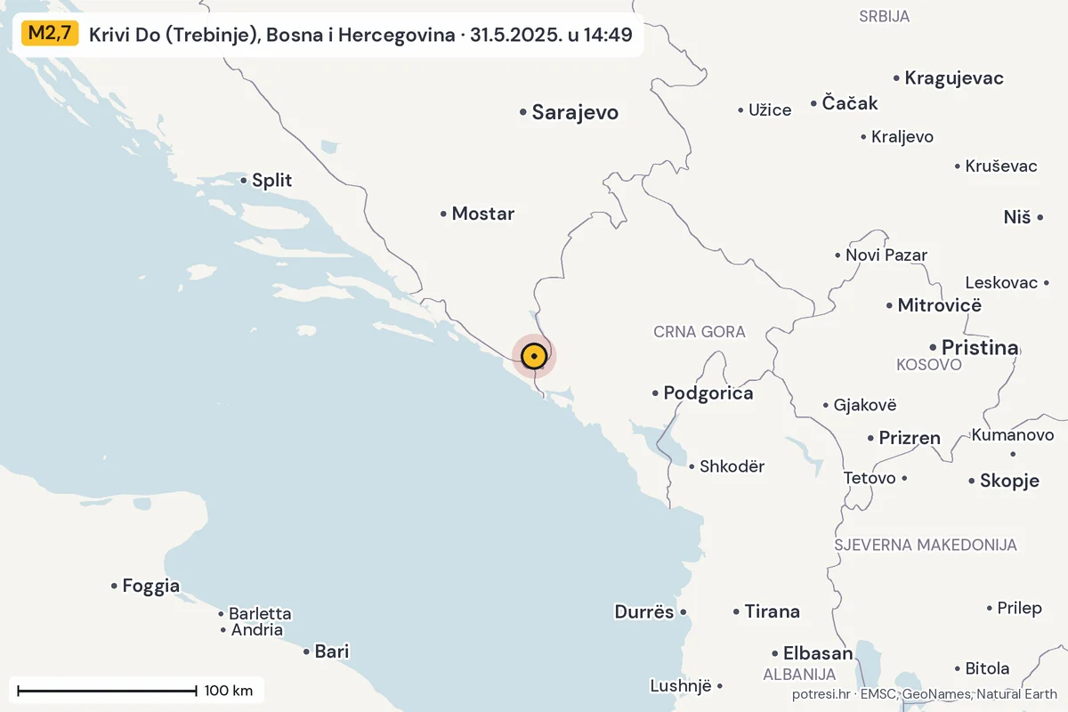 Karta: šire područje, 600 km, potres M2,7, Krivi Do (Trebinje), Bosna i Hercegovina, 31.5.2025.