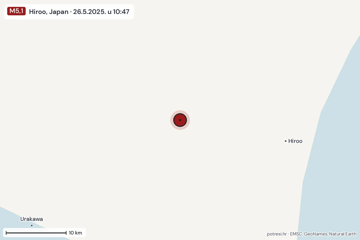 Karta: okolica epicentra, 60 km, potres M5,1, Hiroo, Japan, 26.5.2025.