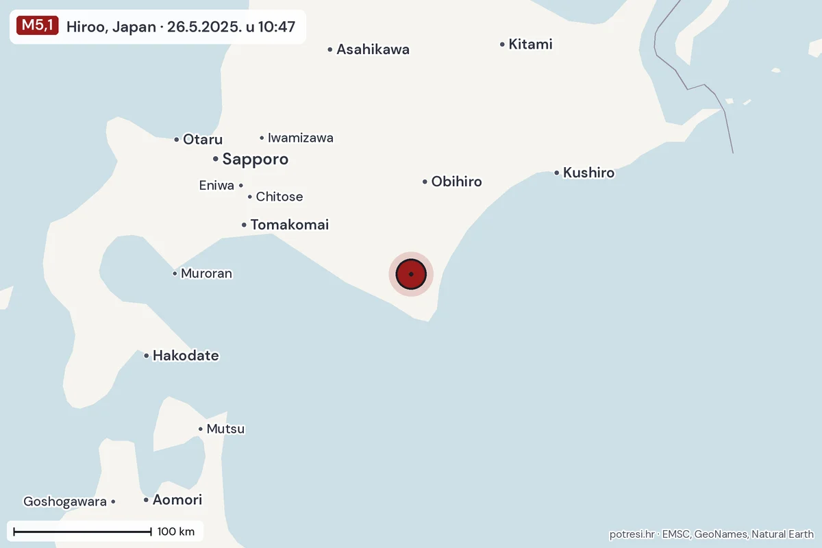 Karta: šire područje, 600 km, potres M5,1, Hiroo, Japan, 26.5.2025.