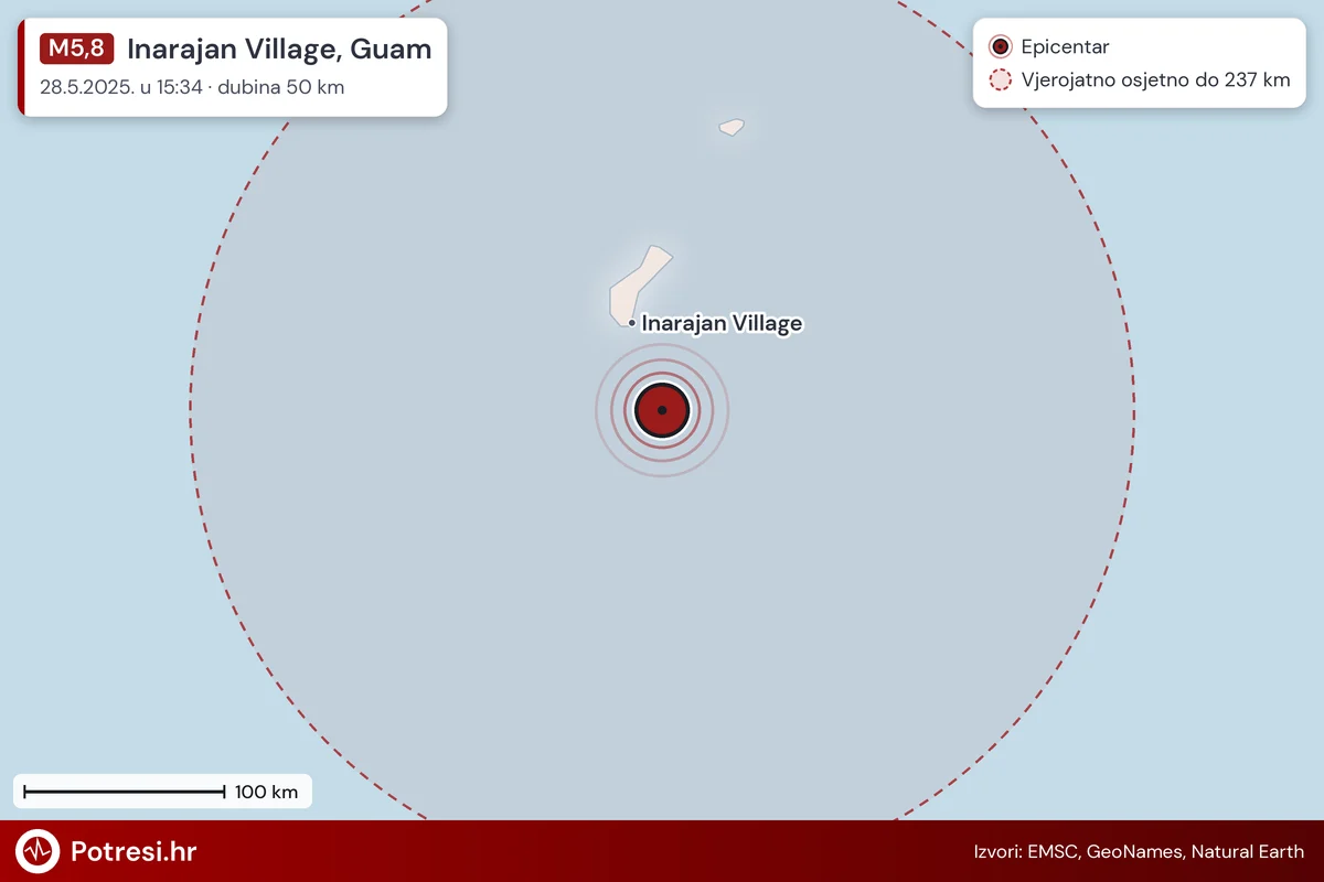 Karta: šire područje i vjerojatni doseg osjeta, potres M5,8, Inarajan Village, Guam, 28.5.2025.