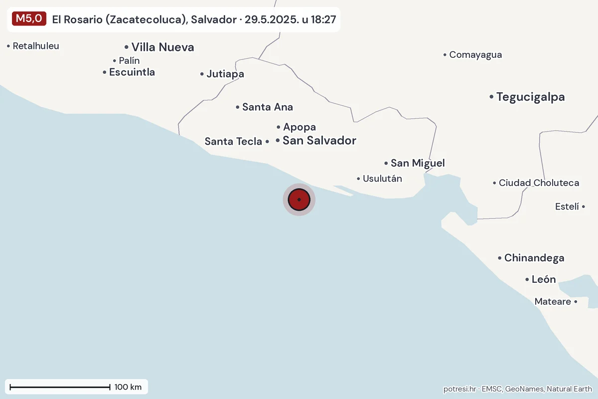 Karta: šire područje, 600 km, potres M5,0, El Rosario (Zacatecoluca), Salvador, 29.5.2025.