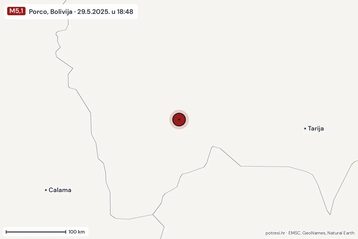 Karta: šire područje, 600 km, potres M5,1, Porco, Bolivija, 29.5.2025.