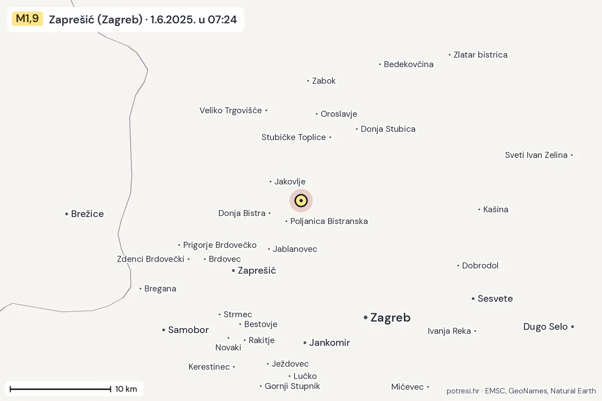 Karta: okolica epicentra, 60 km, potres M1,9, Zaprešić (Zagreb), 1.6.2025.
