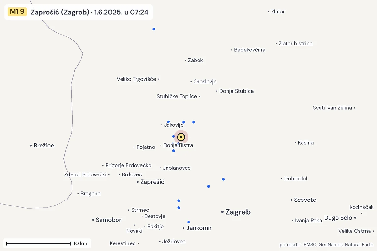 Karta: izvješća građana, potres M1,9, Zaprešić (Zagreb), 1.6.2025.