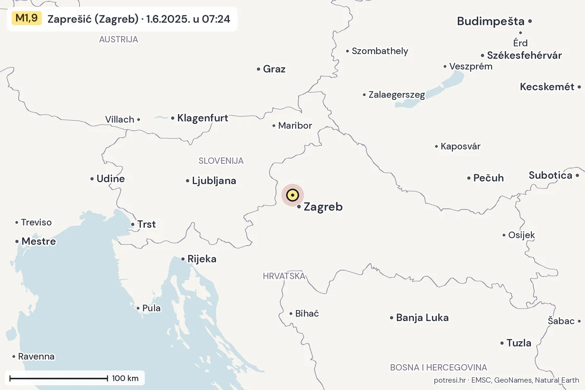 Karta: šire područje, 600 km, potres M1,9, Zaprešić (Zagreb), 1.6.2025.