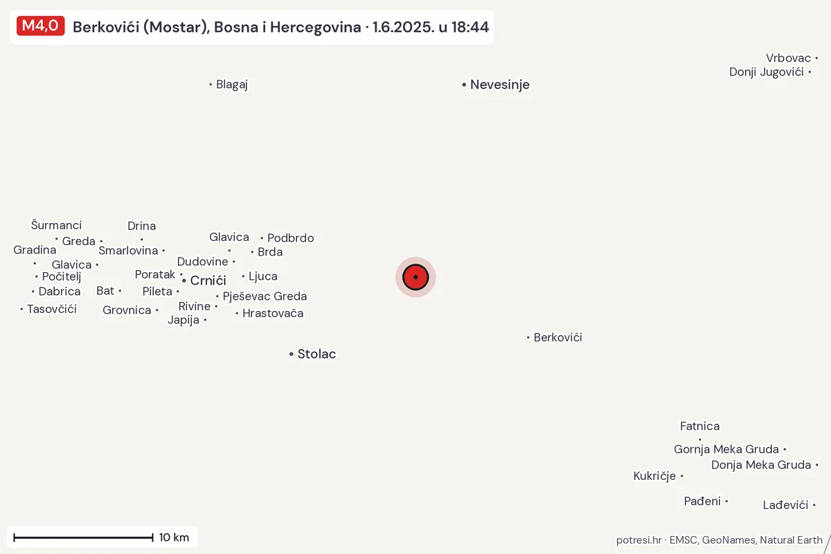 Karta: okolica epicentra, 60 km, potres M4,0, Berkovići (Mostar), Bosna i Hercegovina, 1.6.2025.