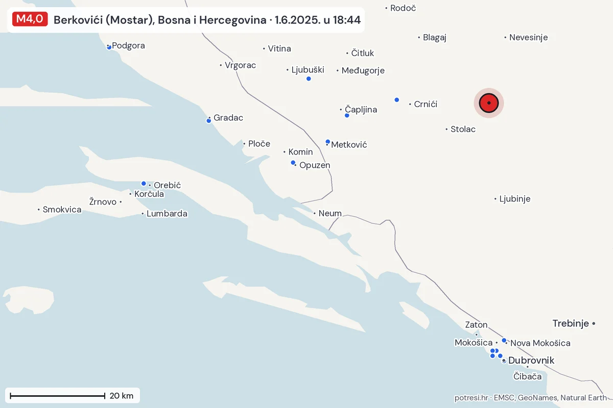 Karta: izvješća građana, potres M4,0, Berkovići (Mostar), Bosna i Hercegovina, 1.6.2025.