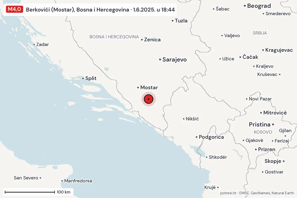Karta: šire područje, 600 km, potres M4,0, Berkovići (Mostar), Bosna i Hercegovina, 1.6.2025.