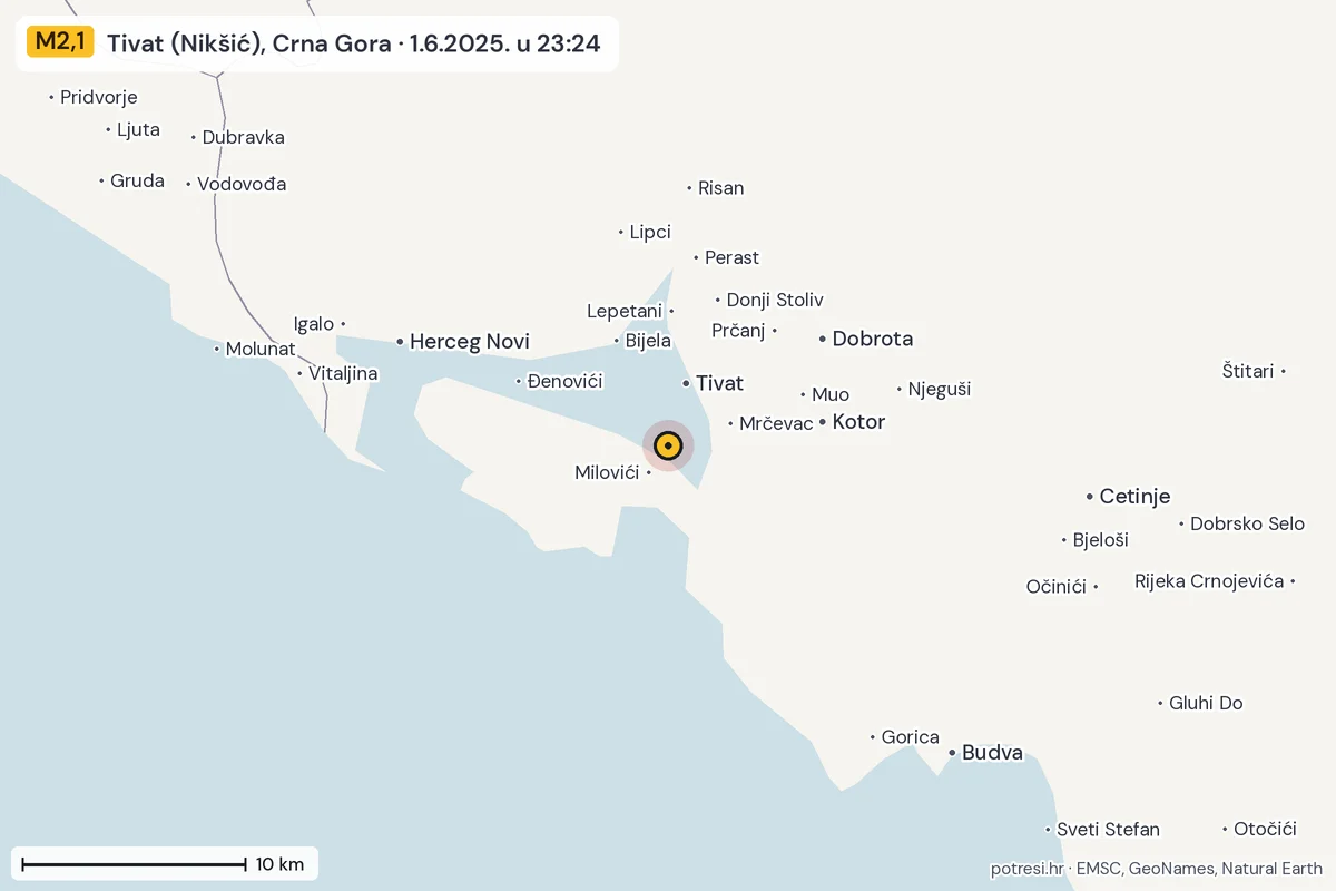 Karta: okolica epicentra, 60 km, potres M2,1, Tivat (Nikšić), Crna Gora, 1.6.2025.