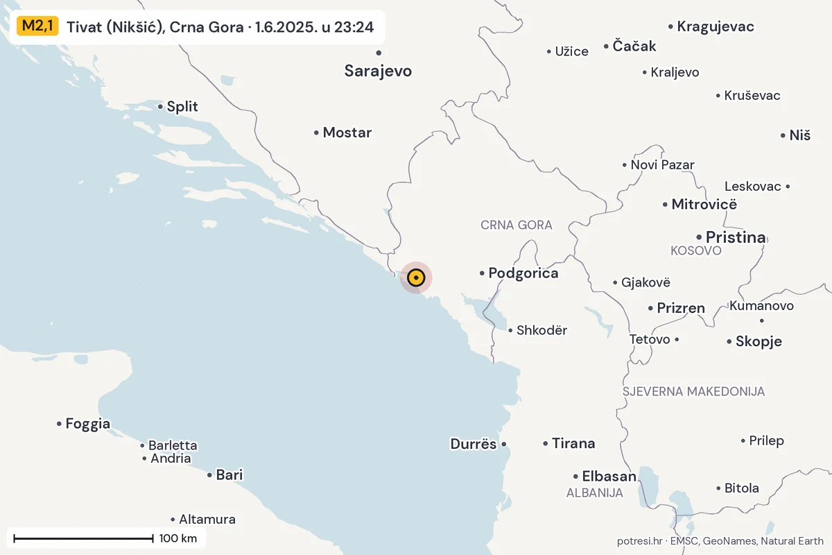 Karta: šire područje, 600 km, potres M2,1, Tivat (Nikšić), Crna Gora, 1.6.2025.