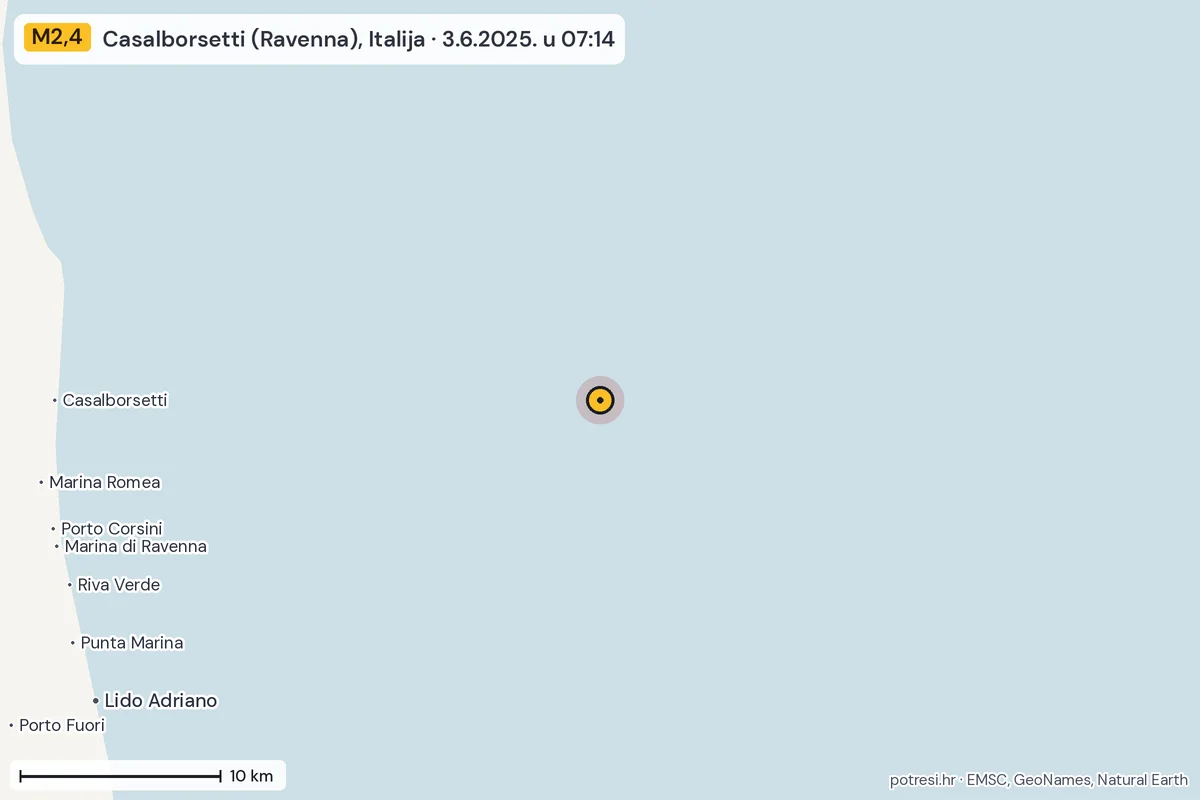 Karta: okolica epicentra, 60 km, potres M2,4, Casalborsetti (Ravenna), Italija, 3.6.2025.