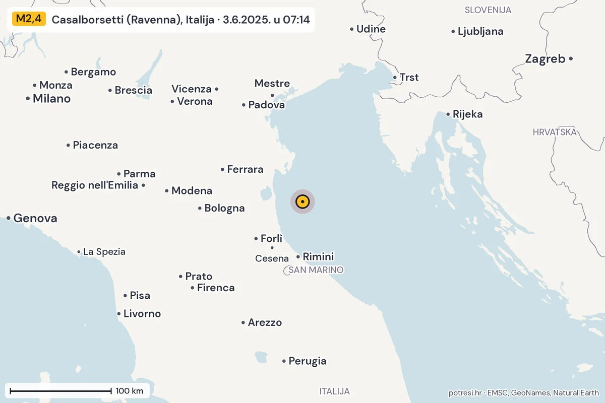 Karta: šire područje, 600 km, potres M2,4, Casalborsetti (Ravenna), Italija, 3.6.2025.