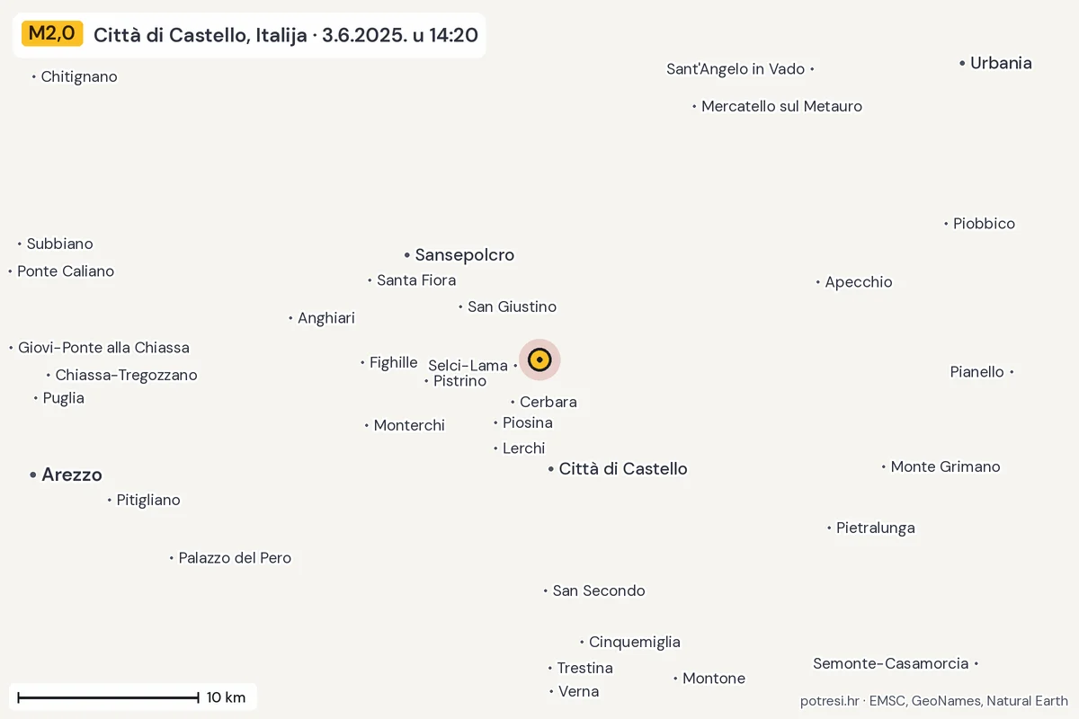 Karta: okolica epicentra, 60 km, potres M2,0, Città di Castello, Italija, 3.6.2025.