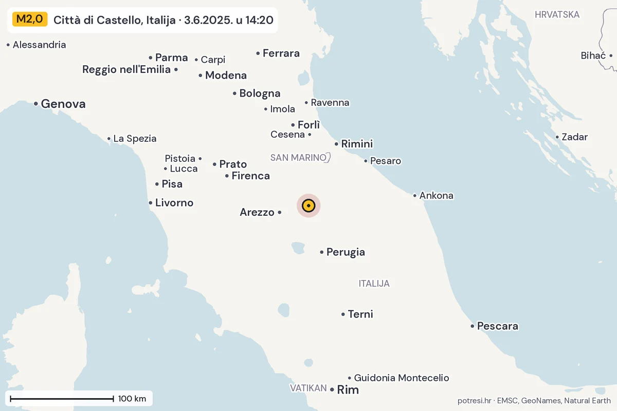 Karta: šire područje, 600 km, potres M2,0, Città di Castello, Italija, 3.6.2025.