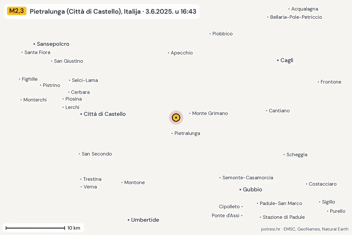 Karta: okolica epicentra, 60 km, potres M2,3, Pietralunga (Città di Castello), Italija, 3.6.2025.