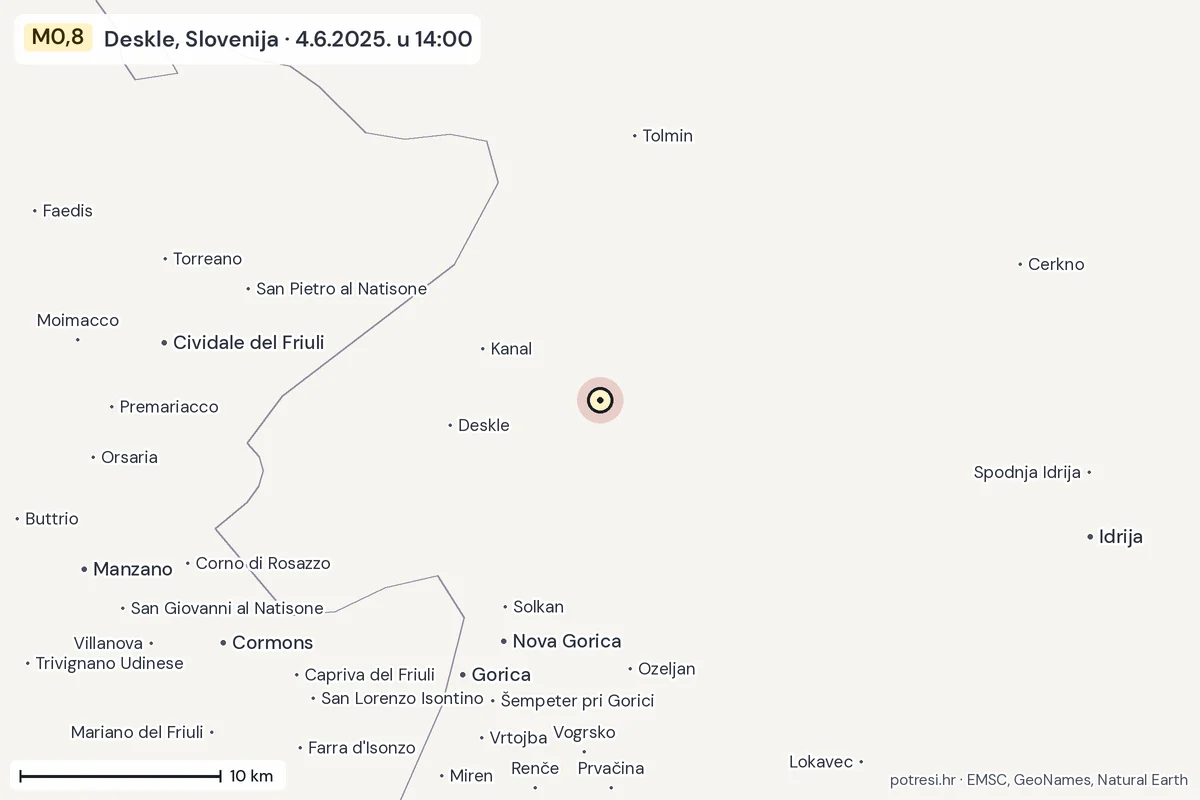 Karta: okolica epicentra, 60 km, potres M0,8, Deskle, Slovenija, 4.6.2025.