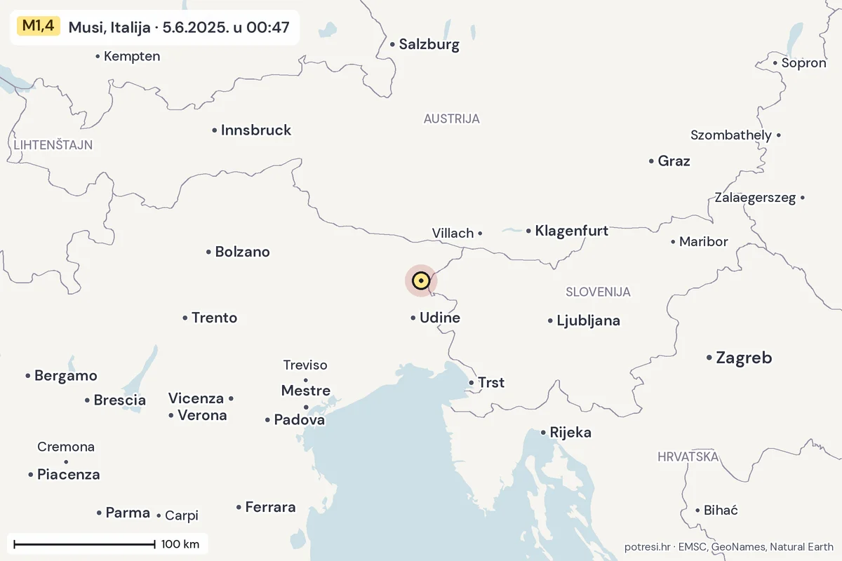 Karta: šire područje, 600 km, potres M1,4, Musi, Italija, 5.6.2025.