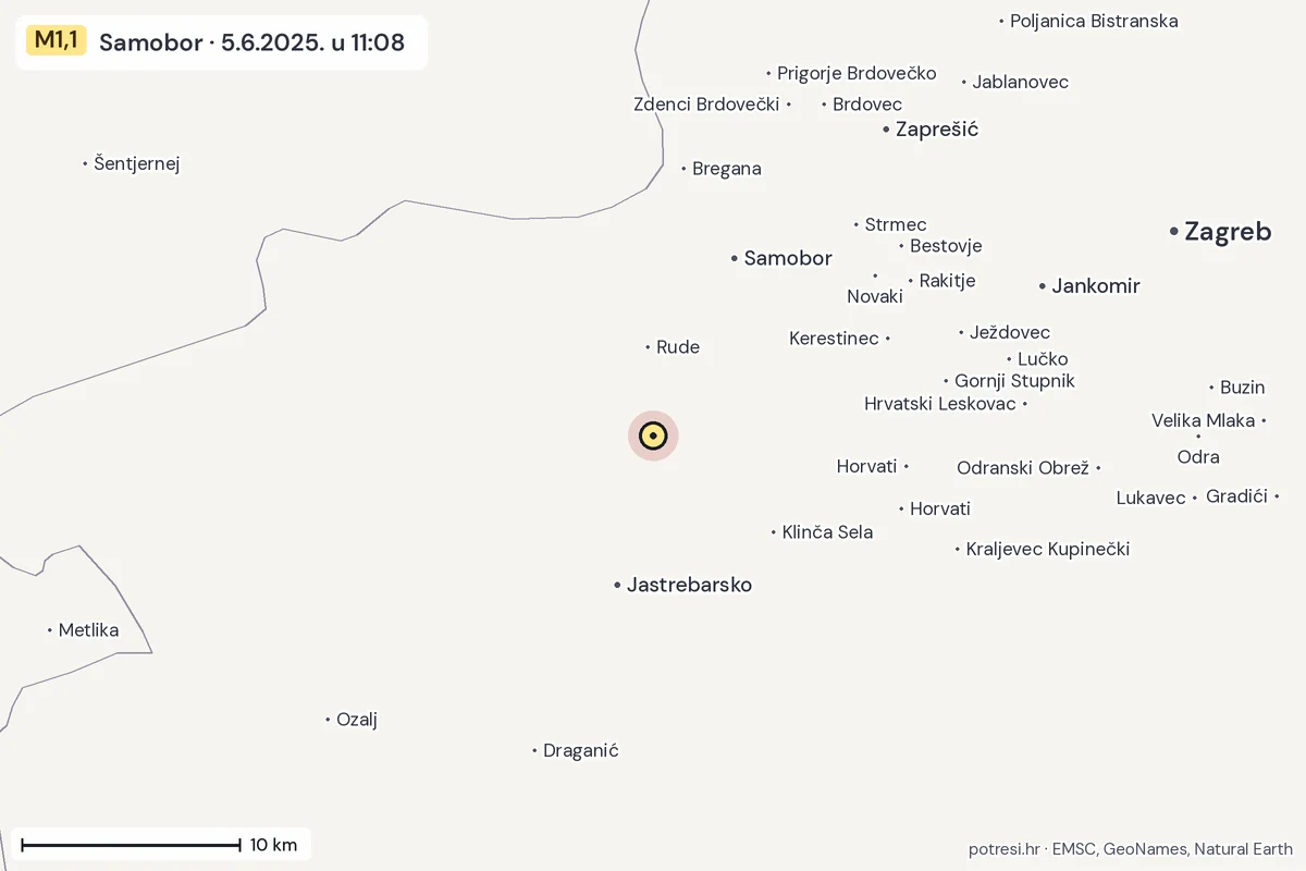 Karta: okolica epicentra, 60 km, potres M1,1, Samobor, 5.6.2025.