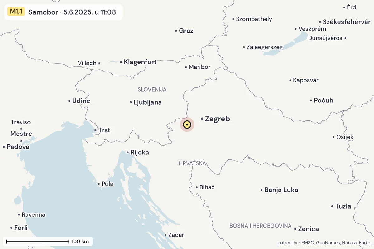 Karta: šire područje, 600 km, potres M1,1, Samobor, 5.6.2025.