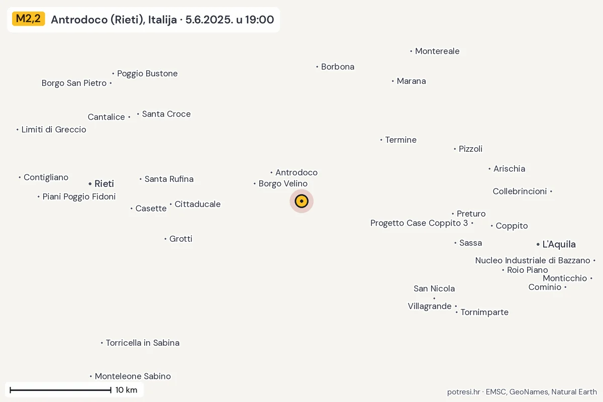 Karta: okolica epicentra, 60 km, potres M2,2, Antrodoco (Rieti), Italija, 5.6.2025.