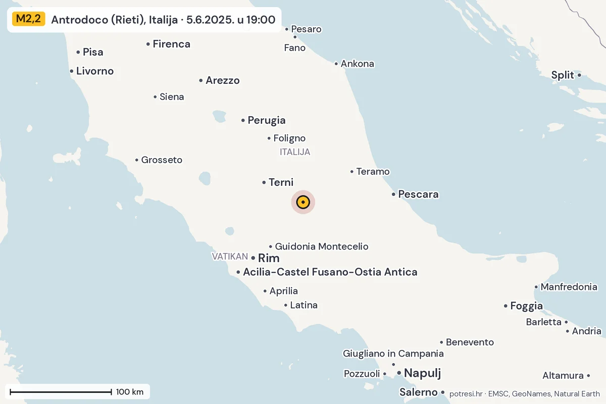 Karta: šire područje, 600 km, potres M2,2, Antrodoco (Rieti), Italija, 5.6.2025.